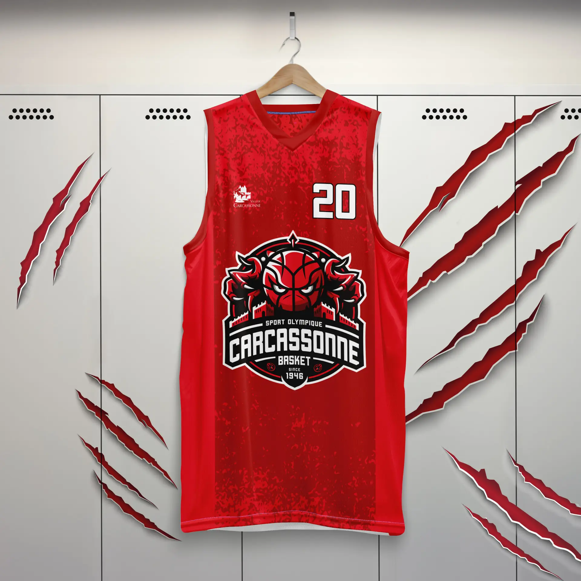 Maillot rouge du SOC Carcassonne Basket